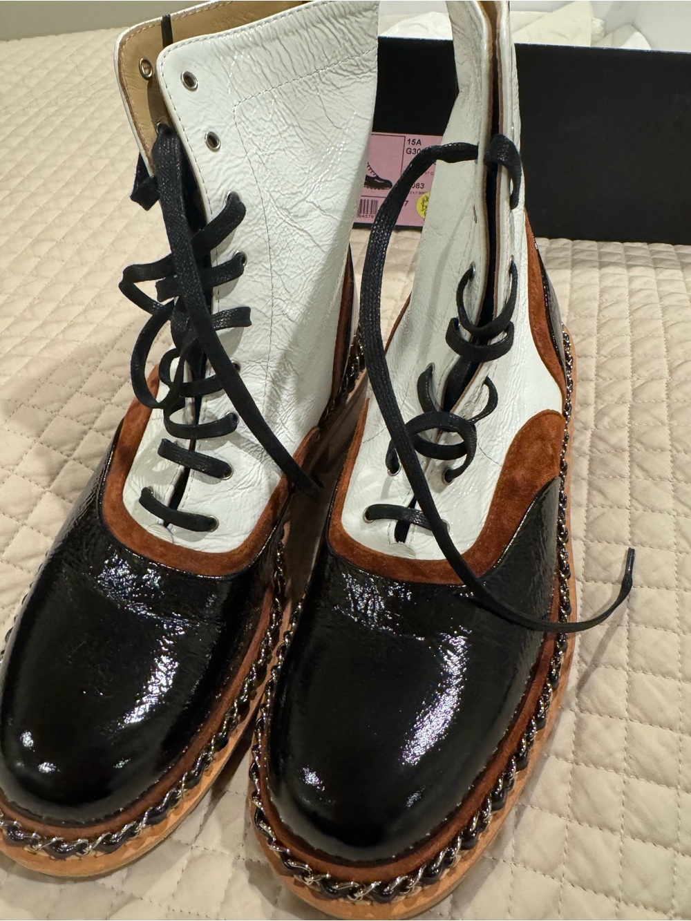 Brand new CHANEL Black Patent, White & Brown Leather Combat Boots